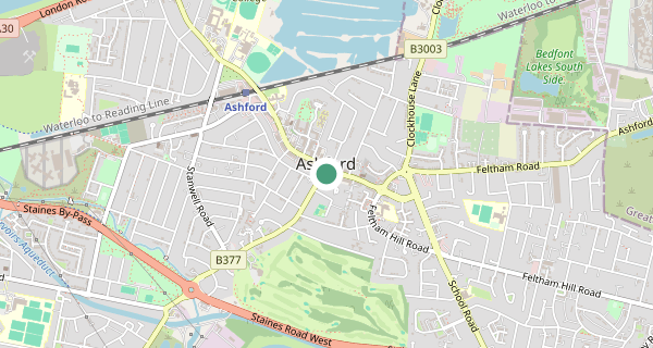 Map of the area around Ashford (London Middlesex) driving test centre, TW15 2PJ
