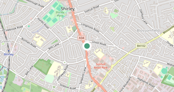 Map of the area around Birmingham (Shirley) driving test centre, B90 4AA