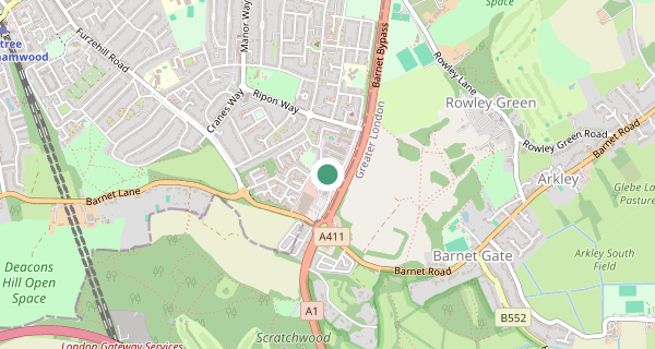 Map of the area around Borehamwood (London) driving test centre, WD6 2BT