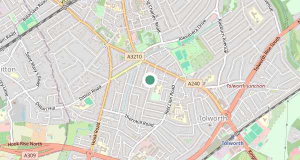 Map of the area around Tolworth (London) driving test centre, KT6 7RZ