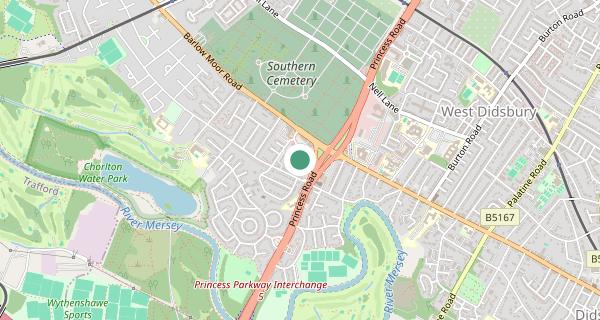 Map of the area around West Didsbury (Manchester) driving test centre, M21 7QY
